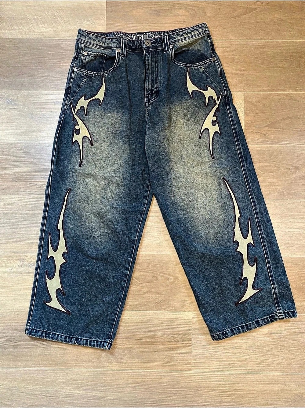 Vitriol Respawn Embroidered Blue Wash Ultra Wide Jeans